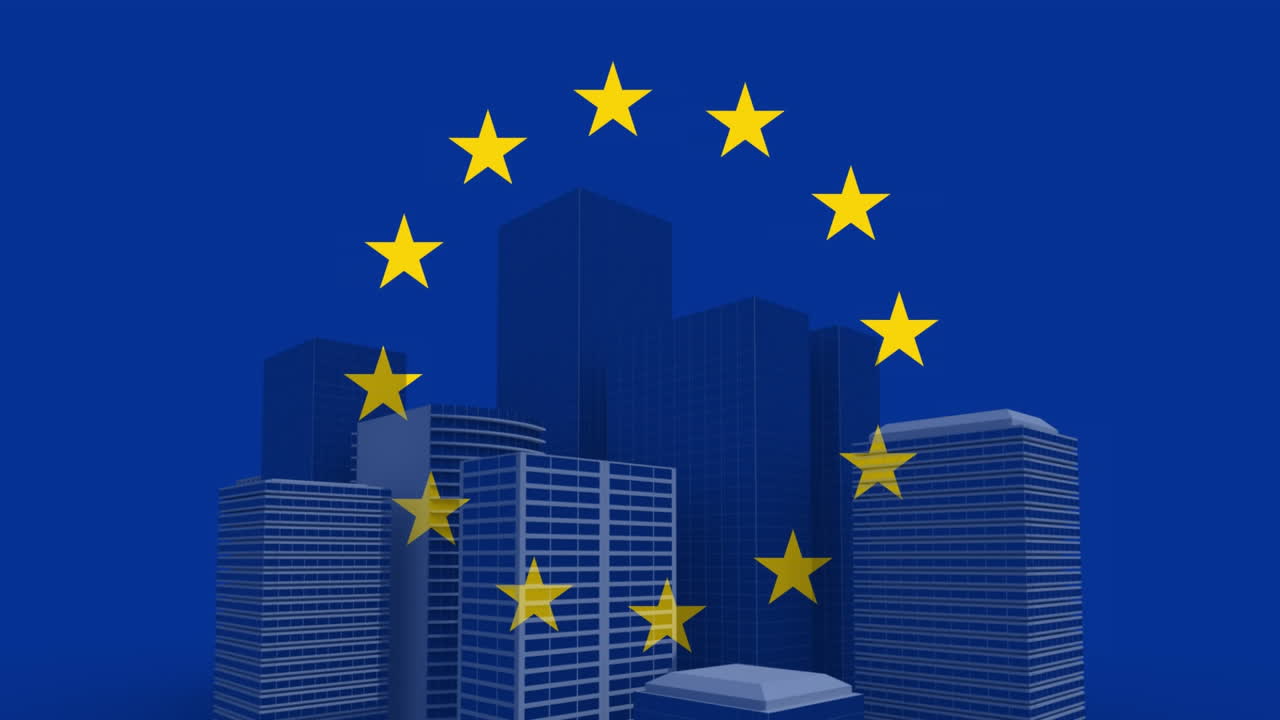 노란색 별들이 파란색 배경에 있는 높은 건물 위에서 회전하고 있습니다.