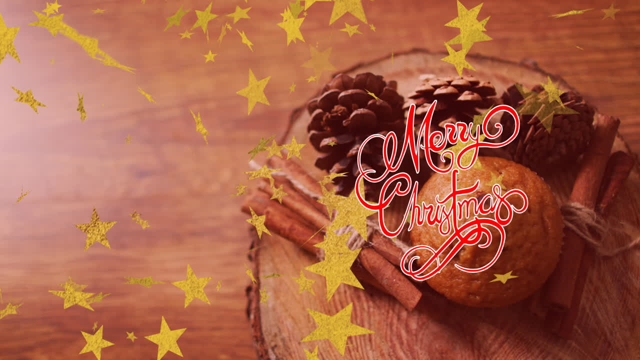 나무 배경 에 떨어지는 별 들 의 애니메이션 과 장식 과 메리 크리스마스 텍스트