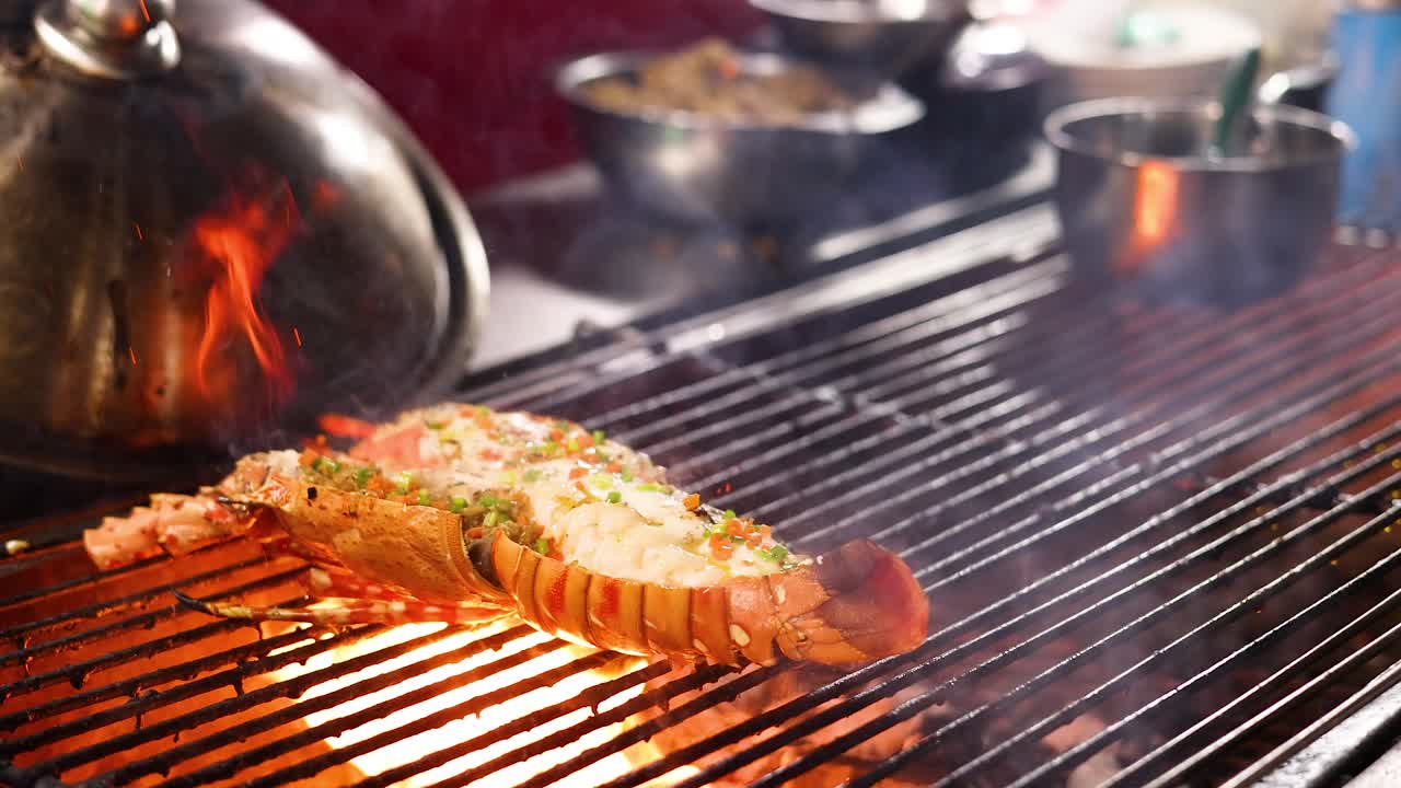 Lobster tail grilling with open flames, vibrant street food scene, close-up, dynamic lighting, shallow focus