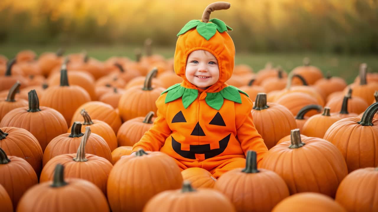 Joyful Child Dressed in Pumpkin Costume Surrounded by Bright Orange Pumpkins in a Fall Field Capturing the Essence of Autumn Festivities and Halloween Fun
