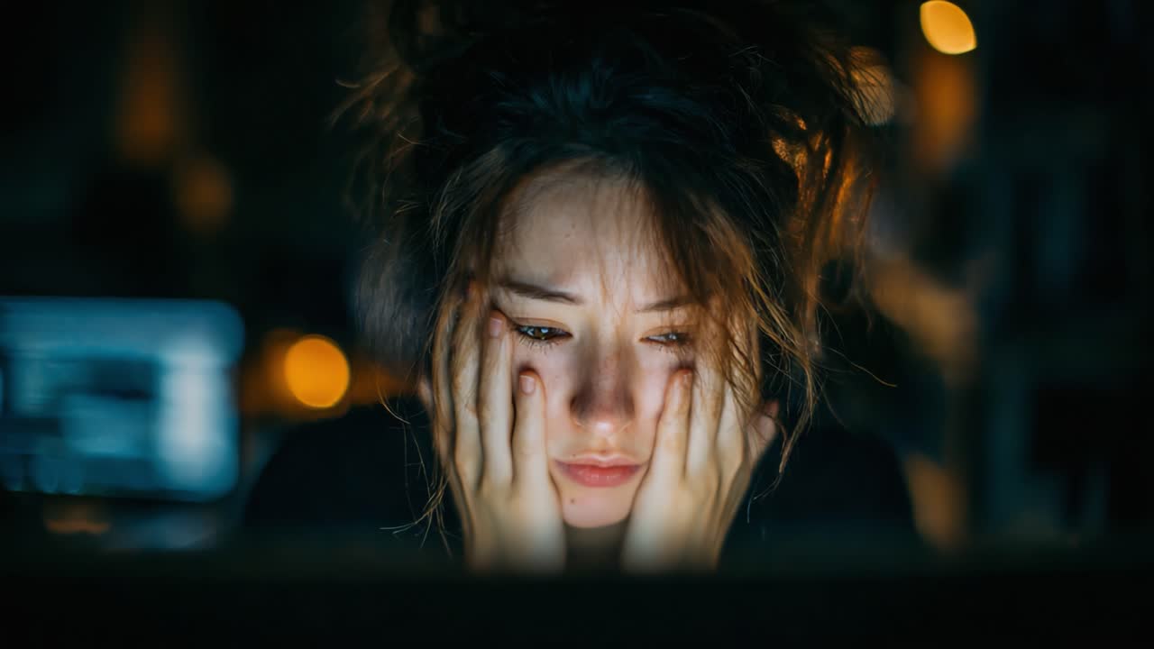 A Striking Emotional Moment: A Young Woman Expresses Intense Feelings of Anxiety and Concentration While Staring at a Computer Screen Amidst a Dimly Lit Room