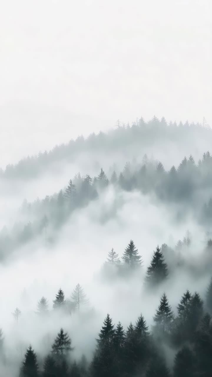 Aerial view of misty forested hills, creating a serene and mysterious atmosphere