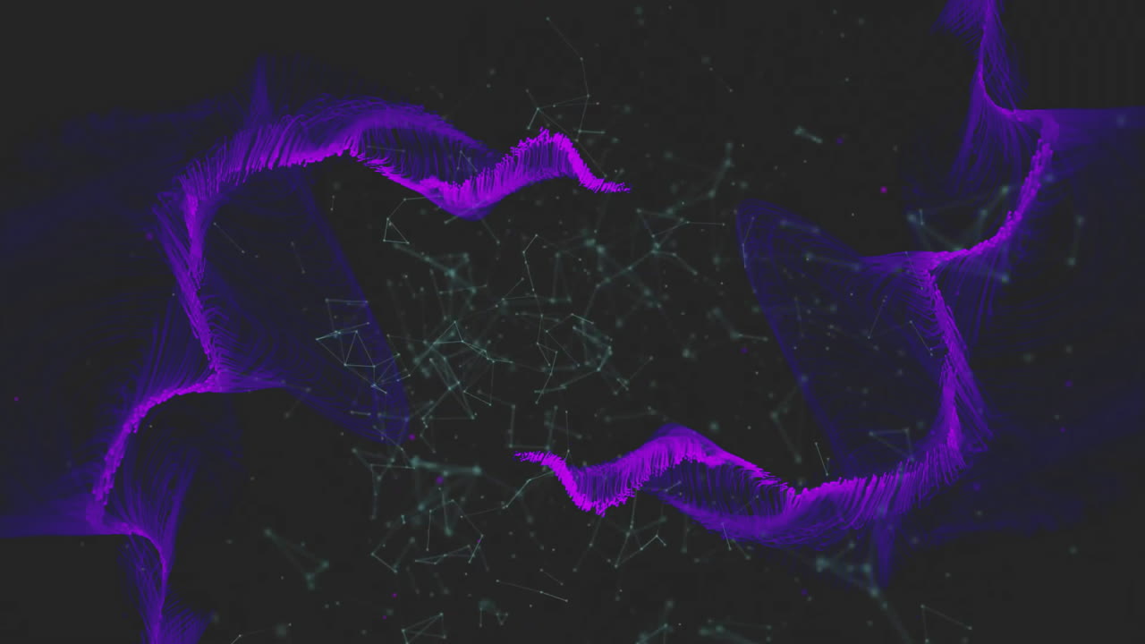 Animation of purple shapes over network of connections on black background