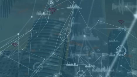 animation of data processing and network of connections ove office buildings