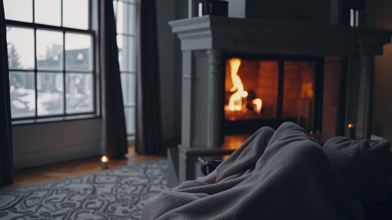 Cozy winter scene with a low-angle view of a person wrapped in a blanket by a fireplace
