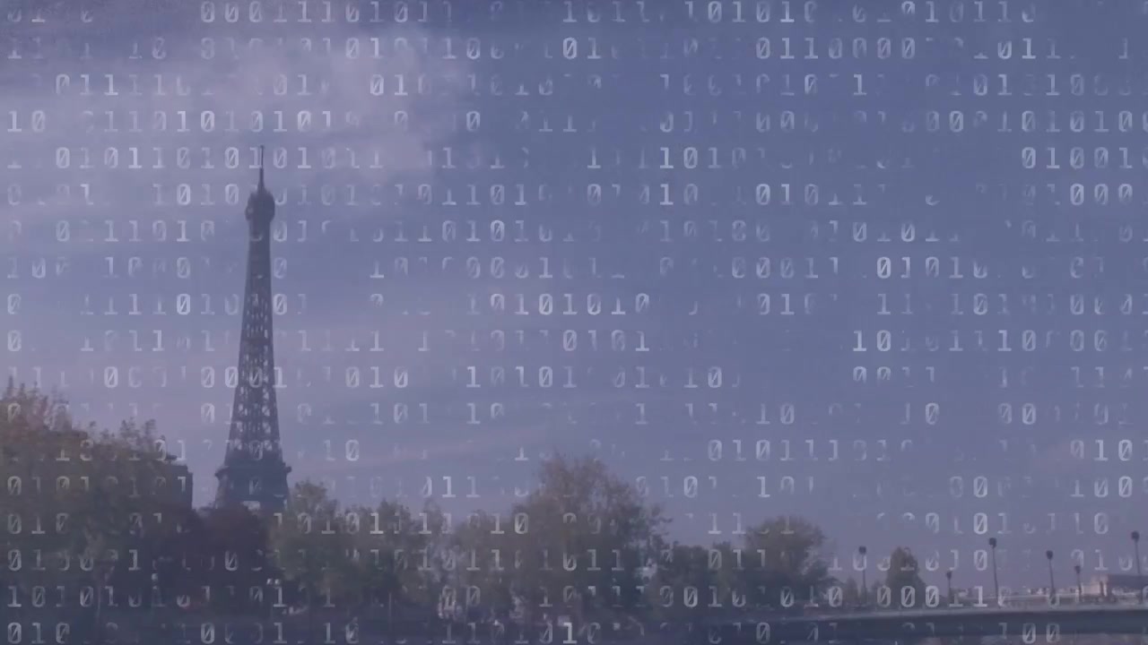 Binary overlay starting descent across Eiffel Tower, clouds drifting, forming layered hybrid look
