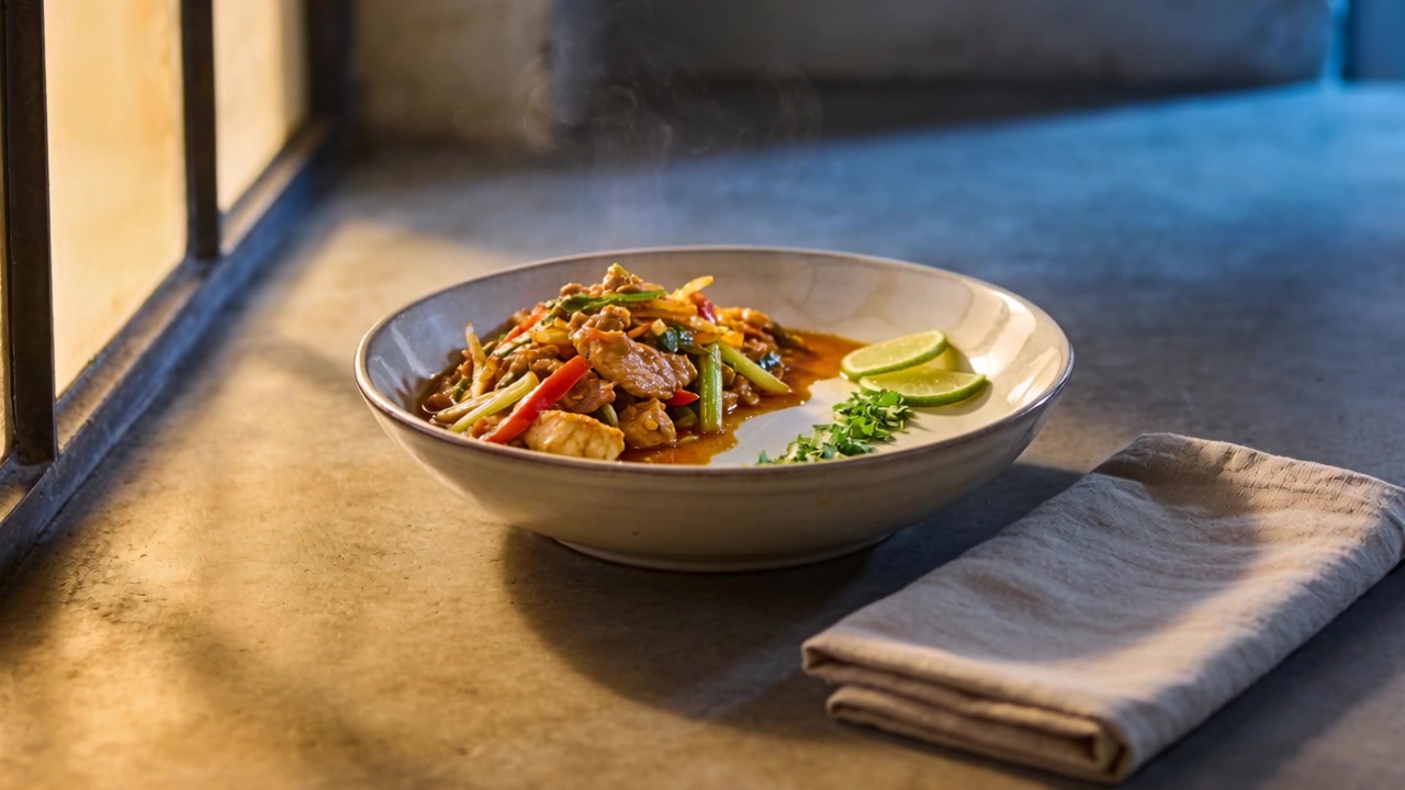 Focusing bowl with stir-fry on concrete counter by window as camera zooming, showing lime and herbs