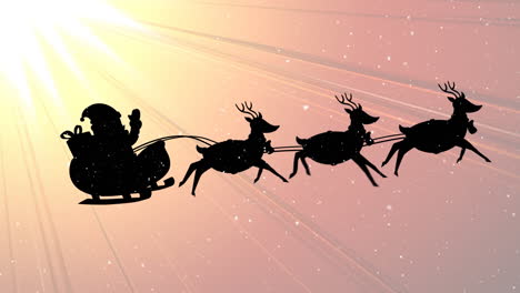 snow falling on santa claus in sleigh being pulled by reindeers against yellow light trails