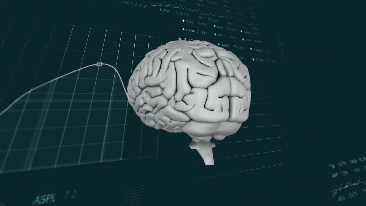 animación del cerebro humano y procesamiento de datos sobre un fondo negro