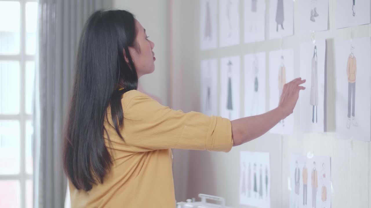 바느질 기계와 함께 여성 디자이너의 측면 뷰는 벽에 있는 그림을 보고 스튜디오에서 옷을 디자인하는 동안 생각합니다.