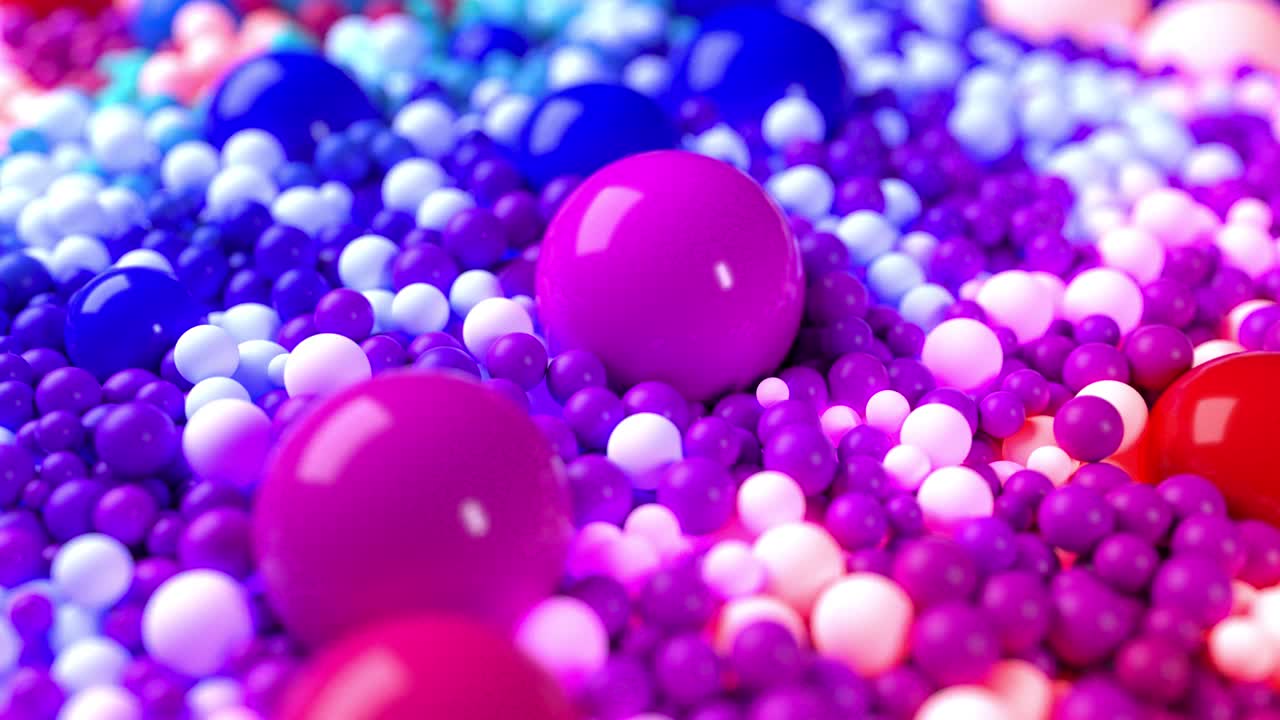 composición de luz con bolas coloridas que cubren la superficie, algunas de las cuales brillan. 3d en 4k fondo abstracto con animación fluida de esferas con profundidad de campo