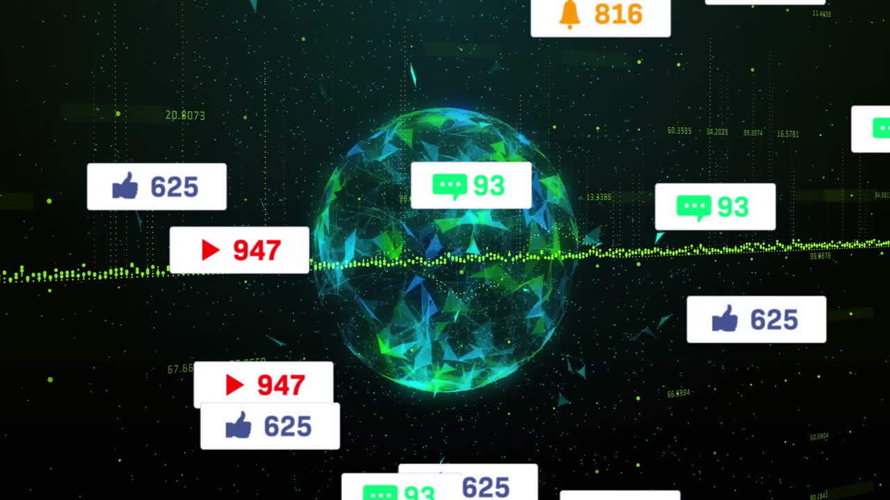 Polygonal digital globe floating in dark starfield scene, streaming green data and notifications