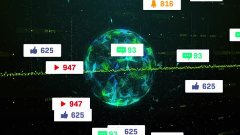 polygonal digital globe floating in dark starfield scene, streaming green data and notifications