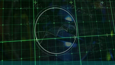 animación de la cuadrícula verde y el escáner circular con hélice giratoria y ecuaciones, sobre fondo negro