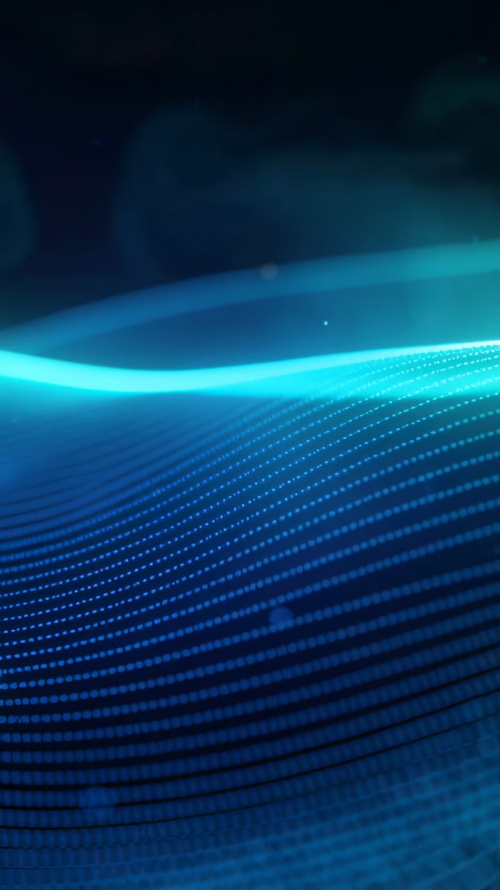 Vertical video: Playing glowing cyan ribbon flowing across dark screen with dot grid, forming loop