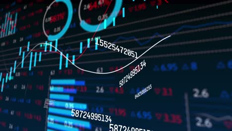 animación de números cambiantes, procesamiento de datos estadísticos y bursátiles sobre un fondo azul.