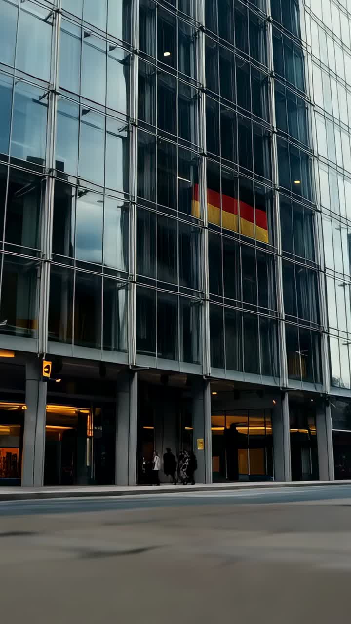 Vídeo vertical: cámara panorámica acercándose a una gran bandera tricolor en la ventana de una oficina, aislando los pliegues