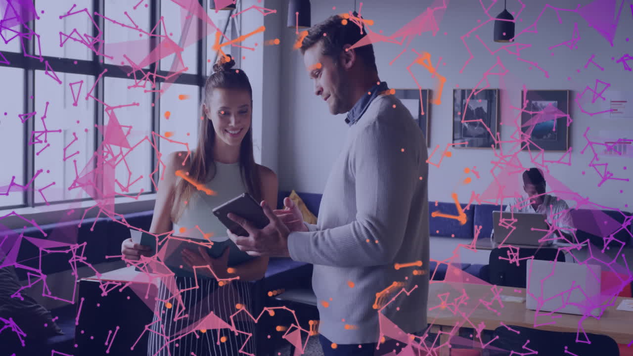 Discussing tablet content, diverse group with digital network animation overlay