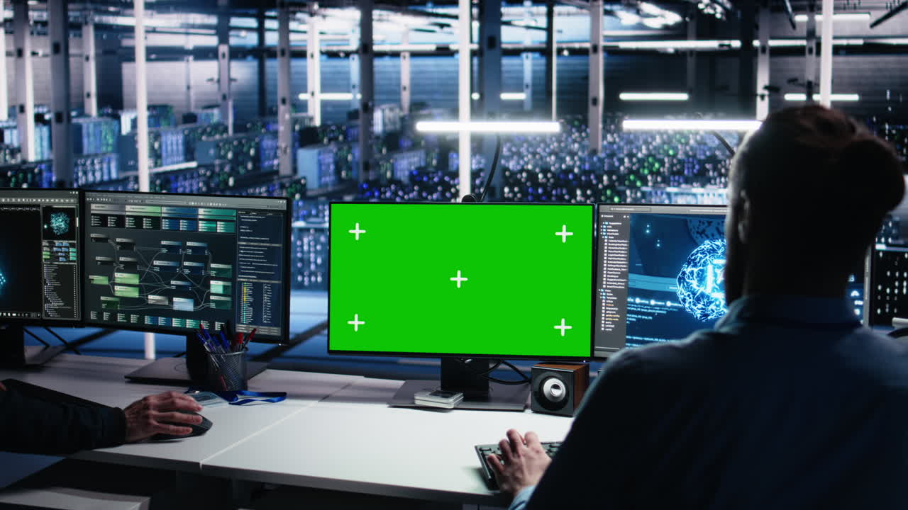 Data Center Engineer Using Green Screen Pc To Monitor Neural Network Using Ai