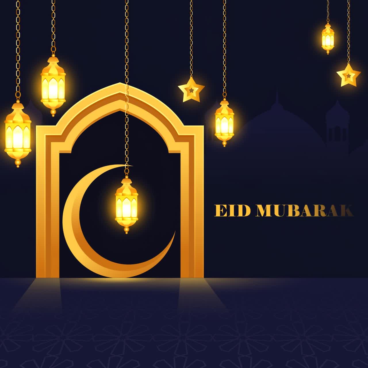 Animazione per post sui social media di auguri Eid Mubarak con arco di moschea e lanterne a mezzaluna su sfondo sfumato blu scuro