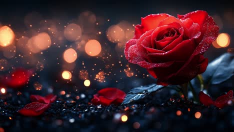 red rose with dew on dark background. a vibrant red rose adorned with droplets sits on a dark surface, surrounded by scattered petals and soft glowing lights.