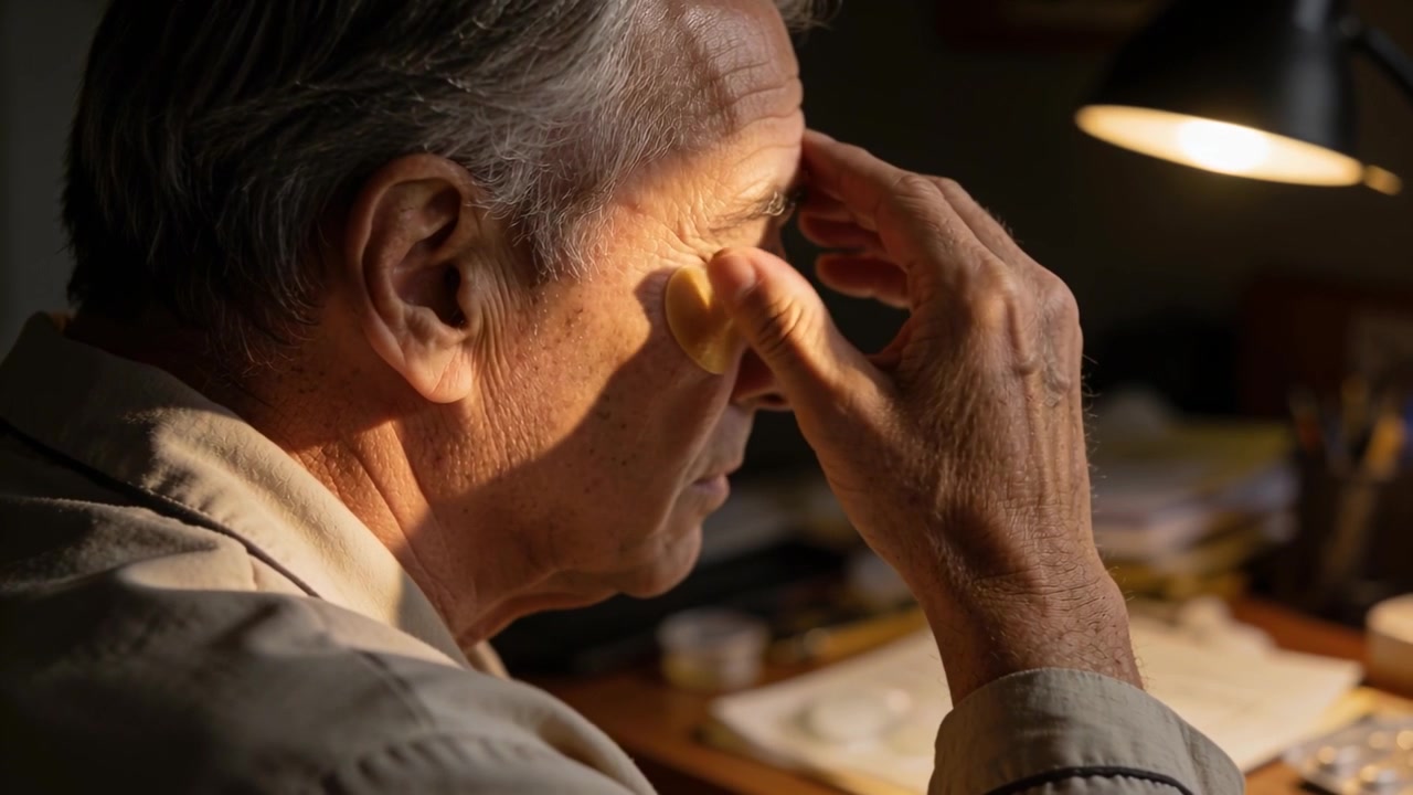 Feeling patch shifting, senior man adjusting gold under-eye gel patch at home study, with lamp