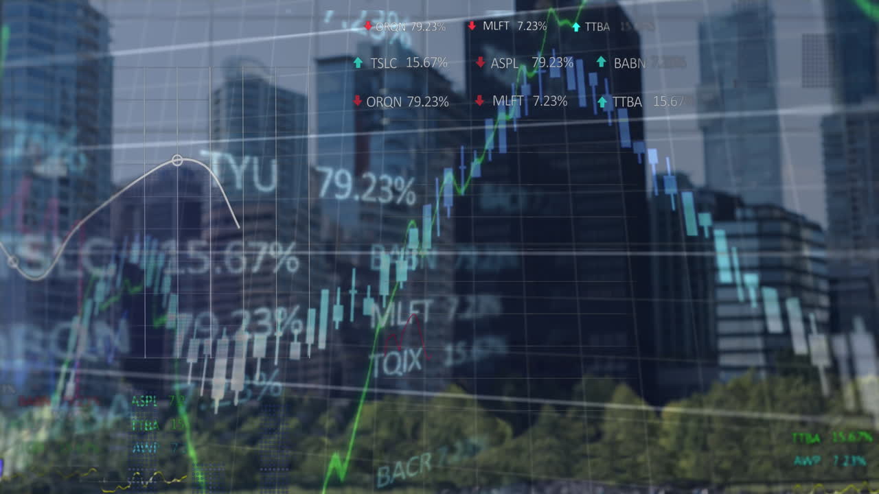 animación de gráficos con números cambiantes y tableros de negociación sobre árboles contra la ciudad