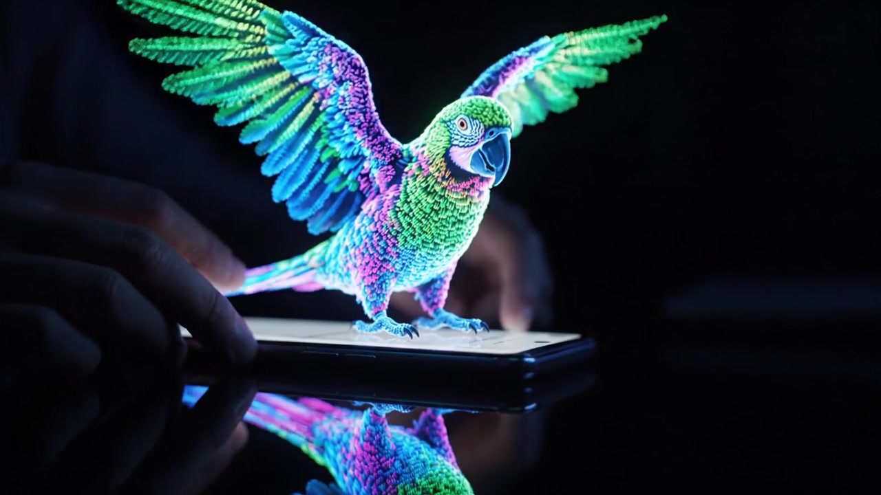 Uno spettacolo visivo mozzafiato: Un'esperienza digitale trasformativa con un pappagallo olografico che emerge da uno smartphone, fondendo tecnologia e immaginazione.