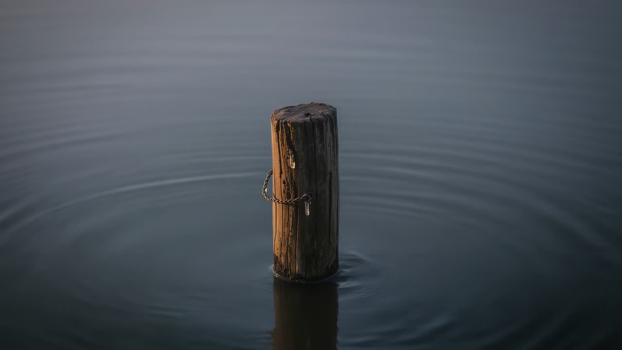Stehender Holzpoller regungslos in ruhigem Wasser, zeigt Metallring und leichte Wellen.