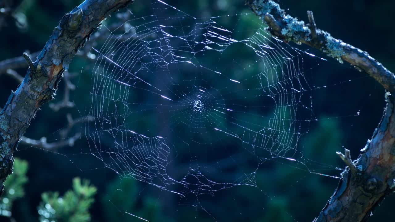 Swaying orb spider web responding to light breeze in pine wood between forked branches with streaks