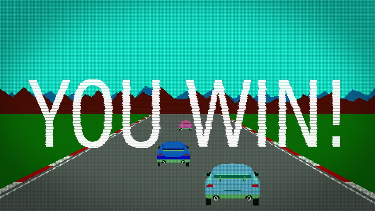 animación de usted ganar texto sobre la pantalla con el juego de carreras de coches en el fondo