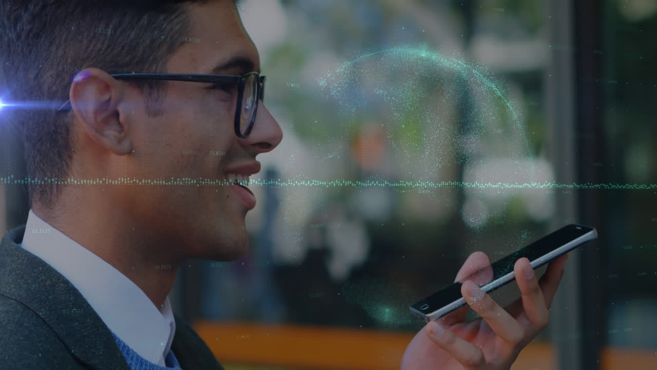 animación de gráficos sobre un hombre biracial feliz usando un teléfono inteligente