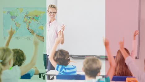 Animation-of-flag-of-italy-over-smiling-female-teacher-and-schoolchildren-in-classroom