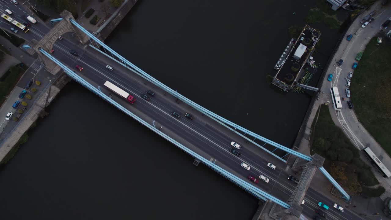 Vehicles crossing Wroclaw's Grunwald sophisticated multi-lane bridge. Aerial