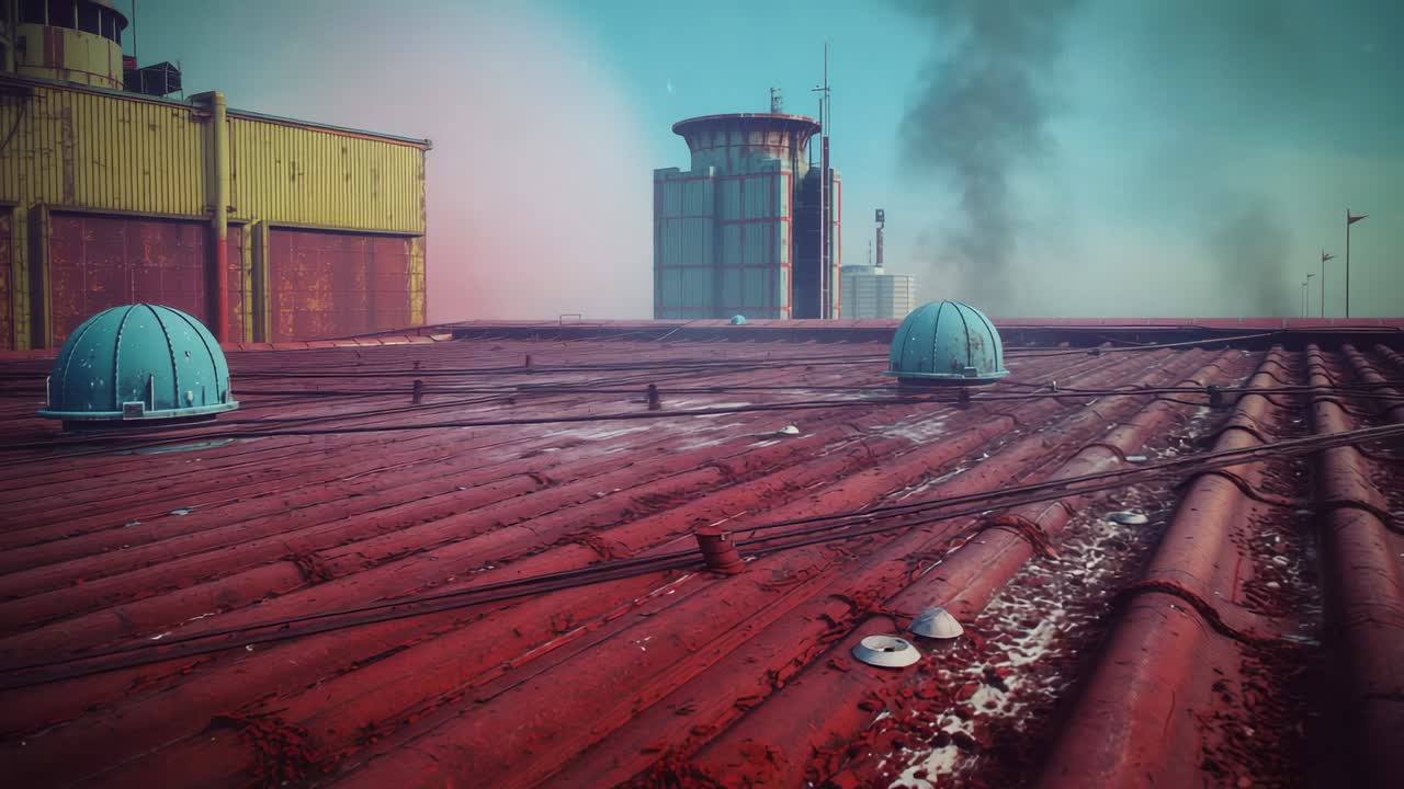 Starting camera panning over red metal roof at factory, revealing blue vents and drifting smoke