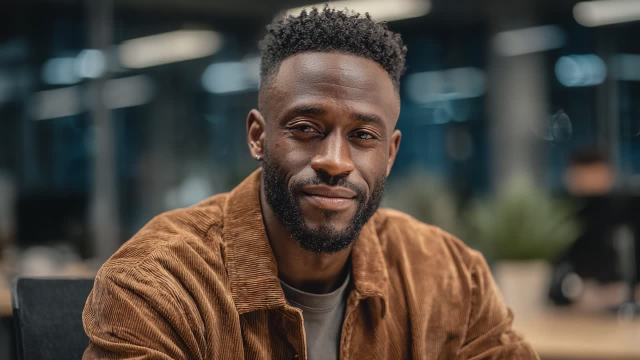 A man exudes a sense of confidence and focus in a stylish workspace, showcasing a thoughtful expression and engaging presence amid a contemporary office environment