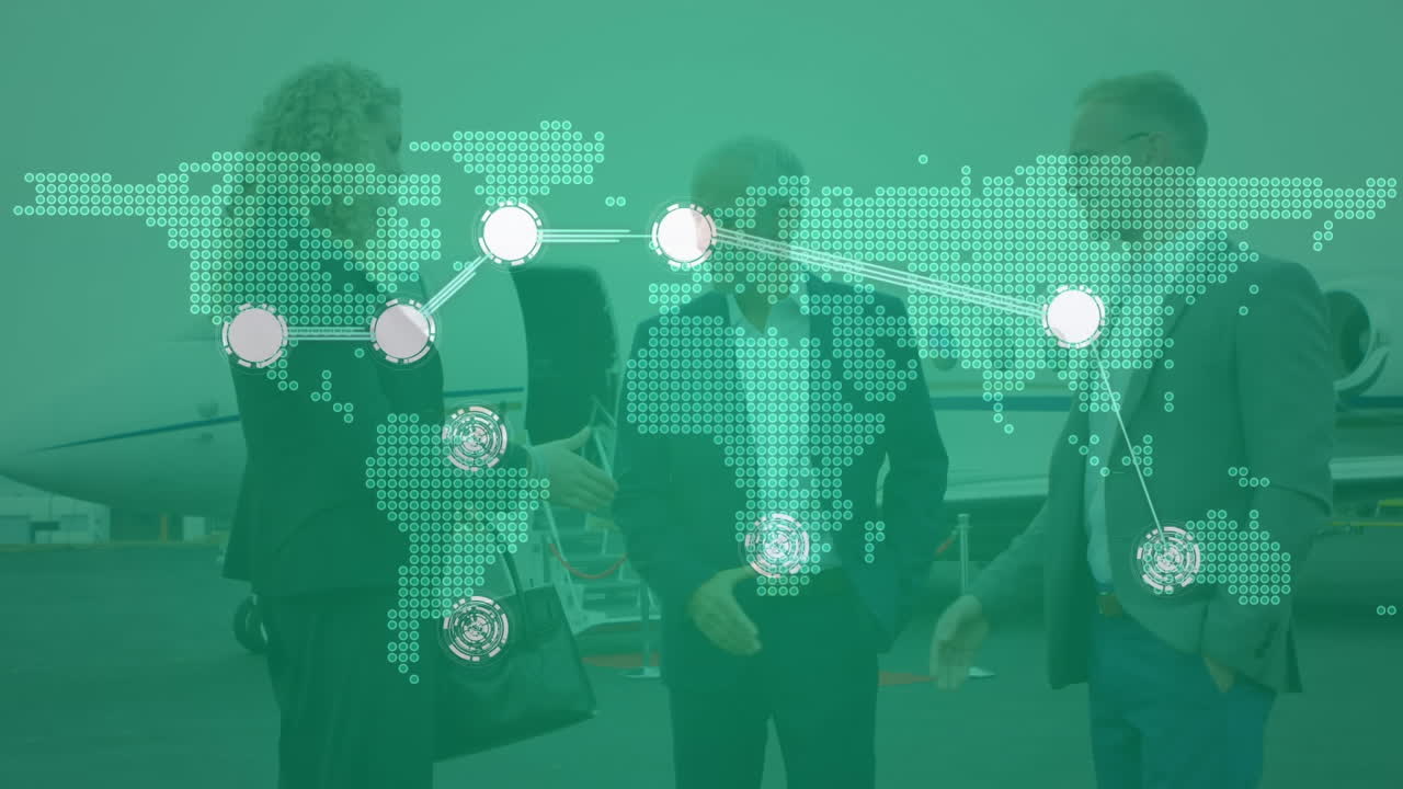 세계 지도, 비행기 및 비즈니스 사람들에 대한 연결 네트워크의 애니메이션