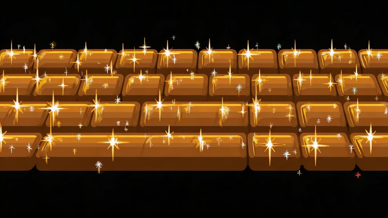 A Captivating Close-Up of a Shimmering Keyboard: The Enchanting Glow of Golden Keys Illuminates the Dark Background, Creating a Sparkling Visual Experience Full of Light and Wonder