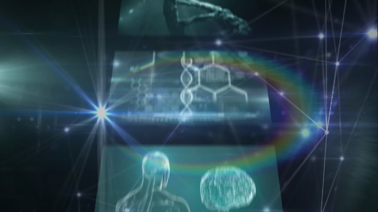animazione di una rete luminosa di connessione su schermi con elaborazione di dati medici.