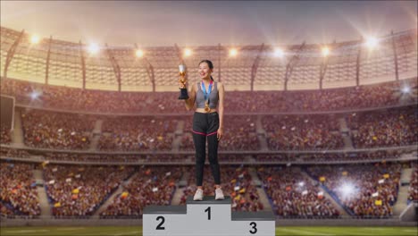 woman celebrating victory on a podium