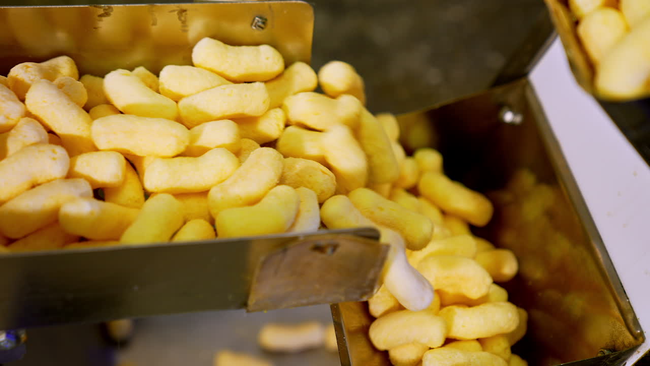 Nutritious crunchy corn product on the conveyor belt. Process of sweet snacks manufacturing at factory. Close up.