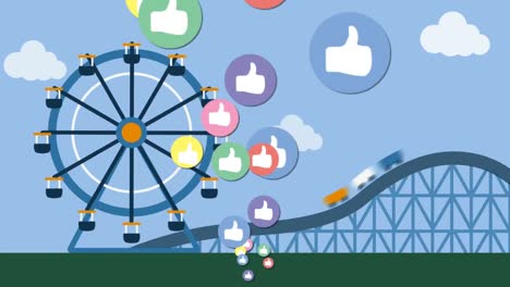 digital animation of multiple colorful like icons floating against amusement park