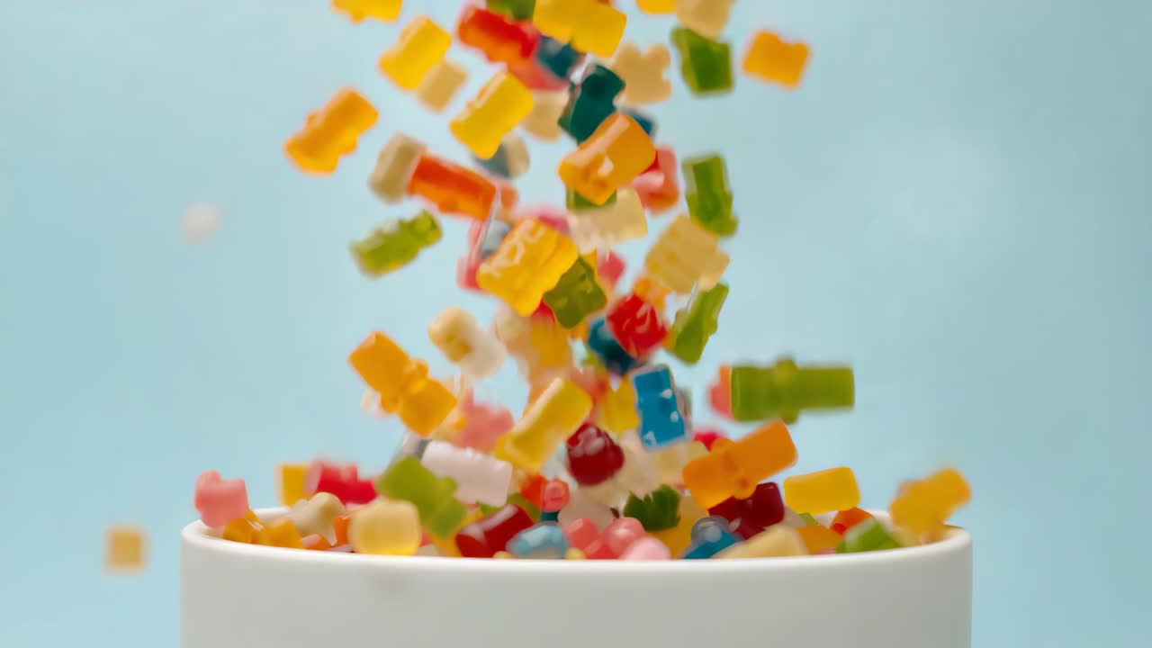 Pouring multicolored bear-shaped gummy candies into white ceramic bowl, forming colorful mound