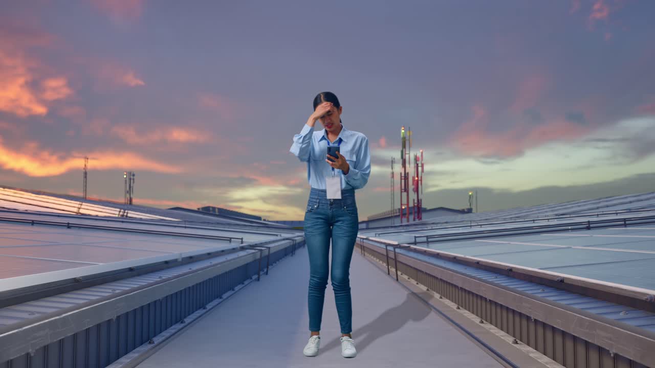 Figura intera di una donna asiatica con il suo smartphone, che ispeziona pannelli solari industriali sul tetto, scuote la testa con disappunto.