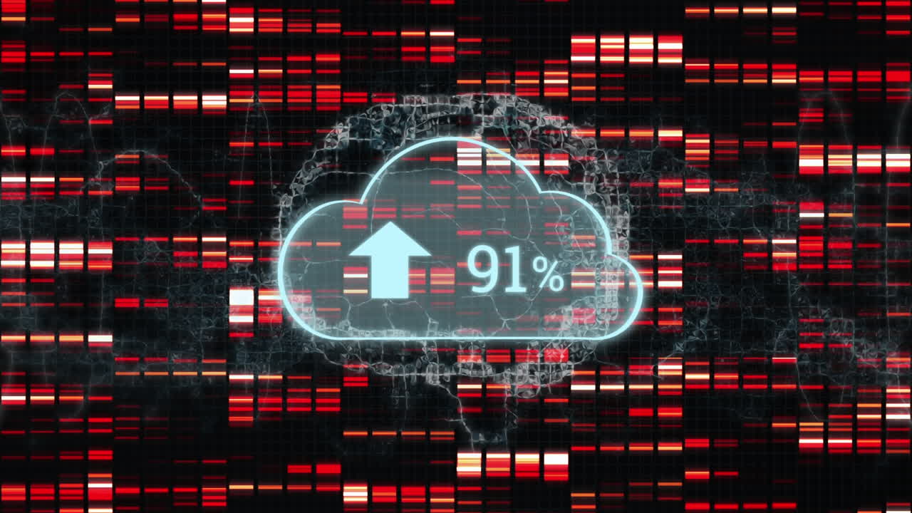 디지털 뇌와 움직이는 기둥을 통해 증가하는 수와 함께 구름의 애니메이션