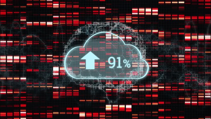 Animation of cloud with growing number over digital brain and moving columns