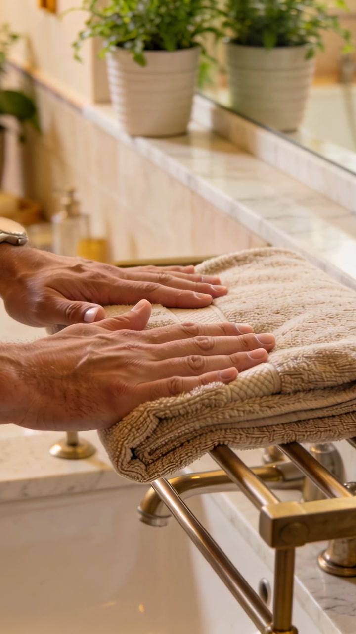 Man placing folded towel on brass rack at home vanity, smoothing layers for neat decor