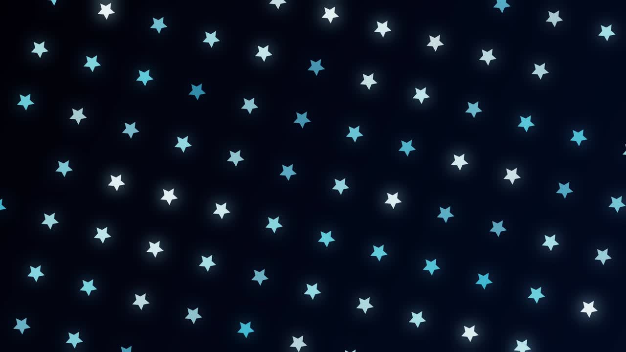 abstract pequeñas estrellas azules lindas que giran y fluyen sobre un fondo negro, bucle sin costuras. animación. cinco estrellas puntiagudas en filas diagonales que se mueven y giran.