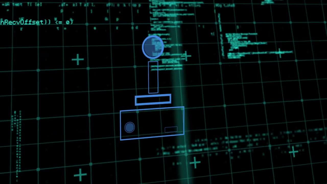 Animation of blue shape over data processing on black background