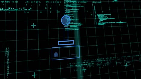 animation of blue shape over data processing on black background